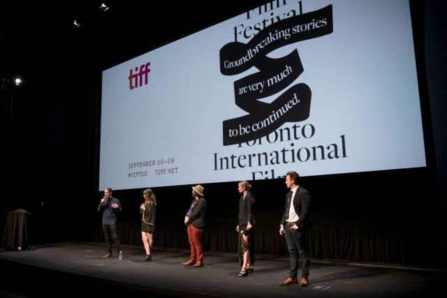 Dusty Mancinelli (far left), Madeleine Sims-Fewer (2nd left) & Anna Maguire (2nd right) at Violation screening (Photo by Emma McIntyre/Getty Images)
