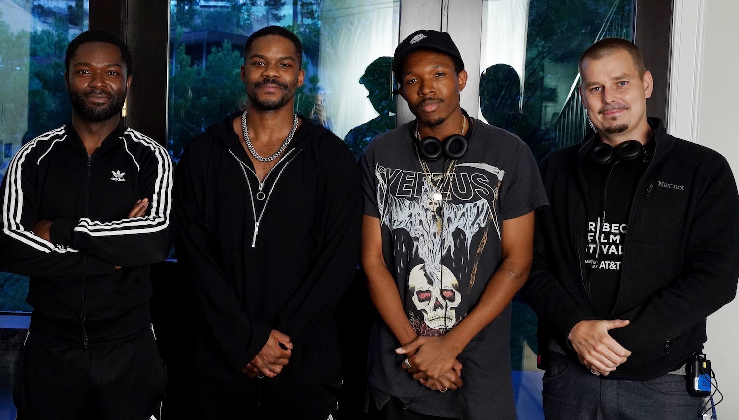 Executive producer David Oyelowo, actor Jovan Adepo, director Denzel Whitaker and producer John Trefry on the set of 5150