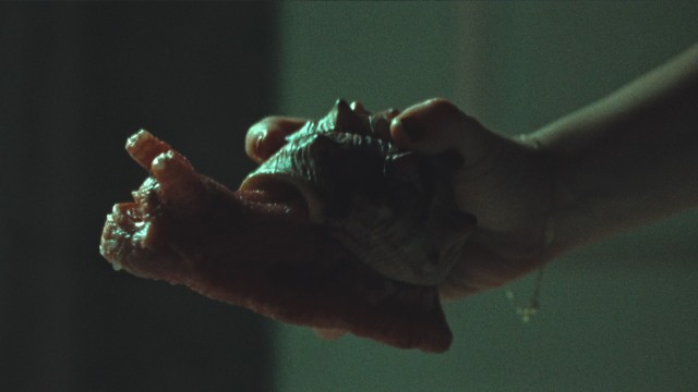 "The creature at the film’s center, an otherworldly mollusk named Henrietta, was a fully cable-driven puppet, operated through holes cut in the tables on set" - Ginter on his film's